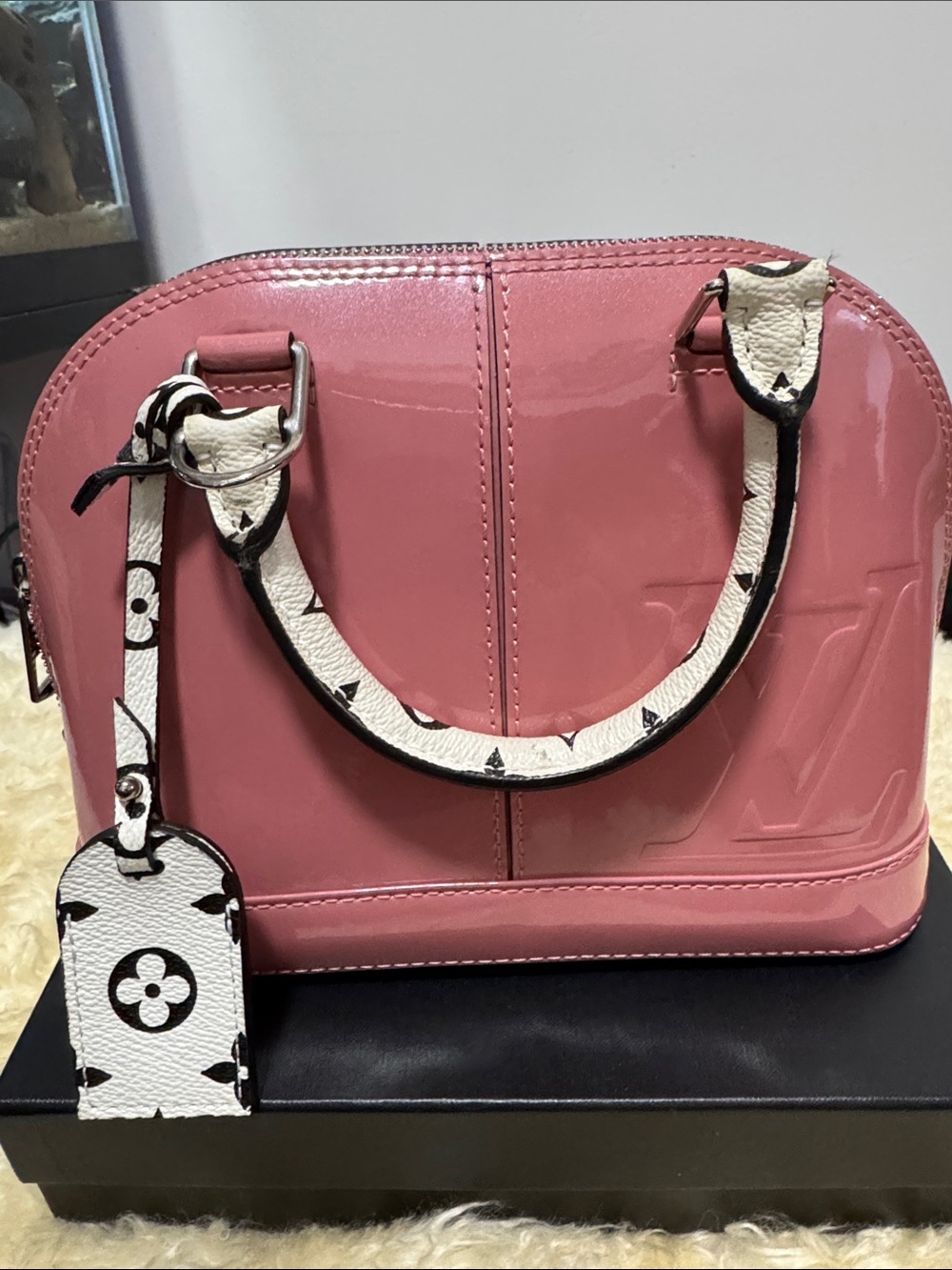 Louis Vuitton Pink Patent Alma Handbag with White Monogram Accents